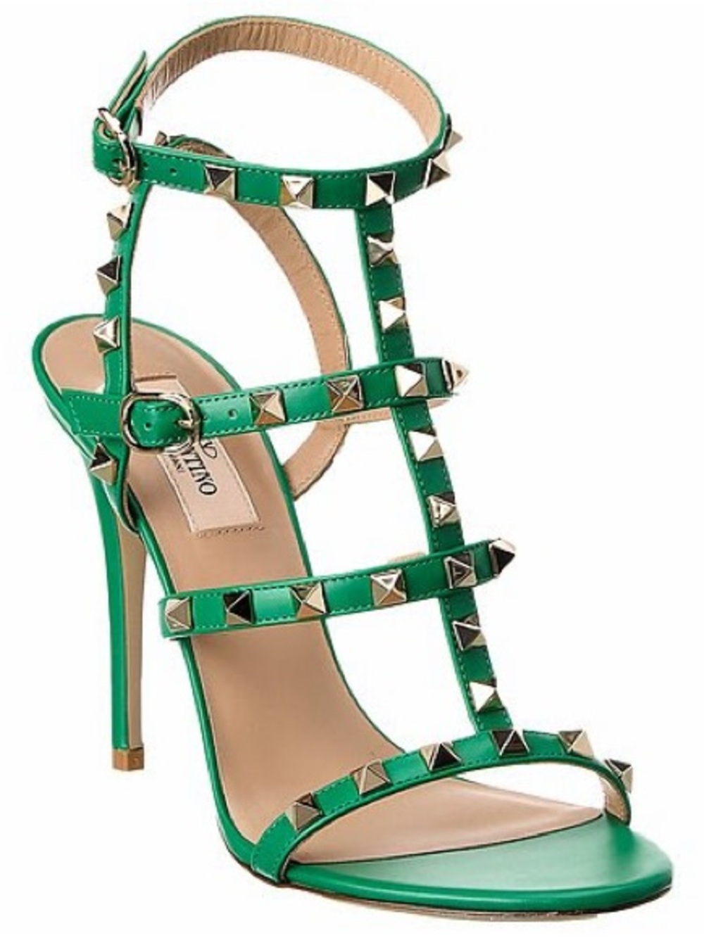 VALENTINO GARAVANI Rockstud Caged 100 Leather Sandal, Stiletto Heel in Green, 39